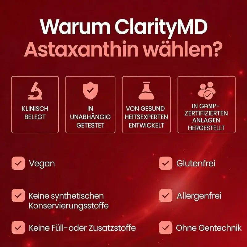 KlarsichtMD Astaxanthin – Bekämpft oxidativen Stress auf natürliche Weise, um das Gleichgewicht von innen und außen wiederherzustellen.