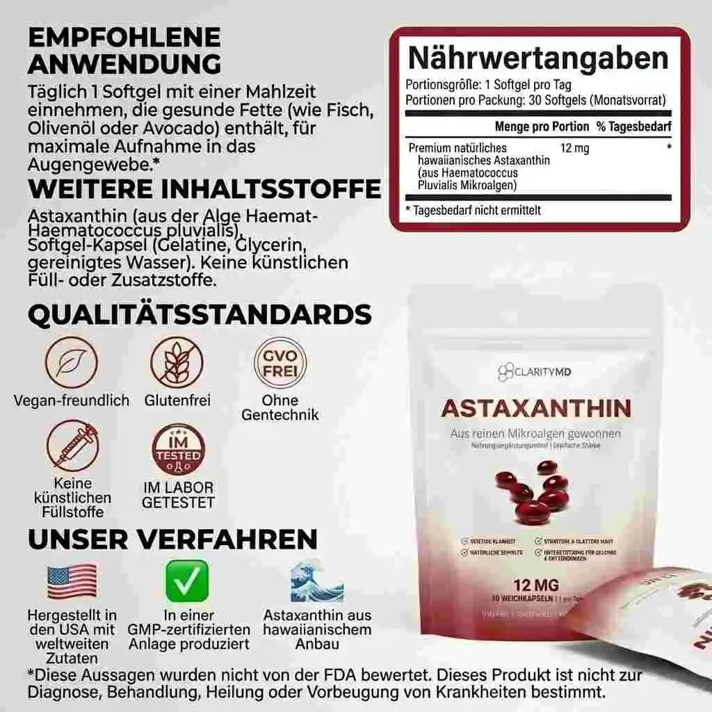 KlarsichtMD – Astaxanthin 12 mg Weichkapseln – Stellt auf natürliche Weise die Durchblutung und Energie wieder her und schützt lebenswichtige Organe