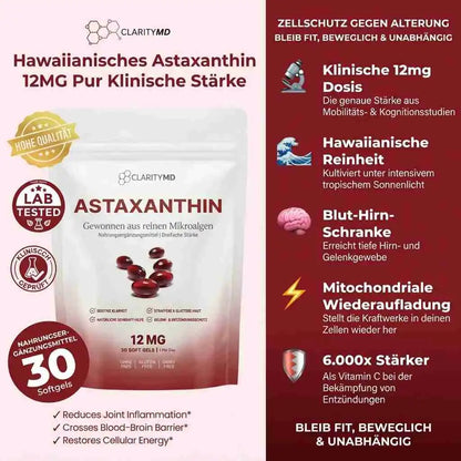 KlarsichtMD Astaxanthin 12mg Softgels – Ganzheitlicher Zellschutz für Körper & Gehirn für gesundes Altern