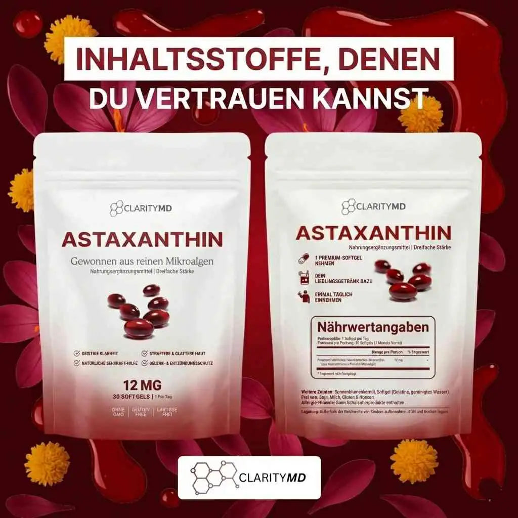 KlarsichtMD – Astaxanthin 12mg Weichkapseln – Natürlich für straffe, strahlende Haut, gesundes Haar & Energie