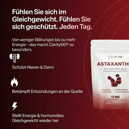 KlarsichtMD Astaxanthin – Bekämpft oxidativen Stress auf natürliche Weise, um das Gleichgewicht von innen und außen wiederherzustellen.