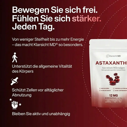 KlarsichtMD – Astaxanthin 12 mg Weichkapseln – Stellt auf natürliche Weise die Durchblutung und Energie wieder her und schützt lebenswichtige Organe
